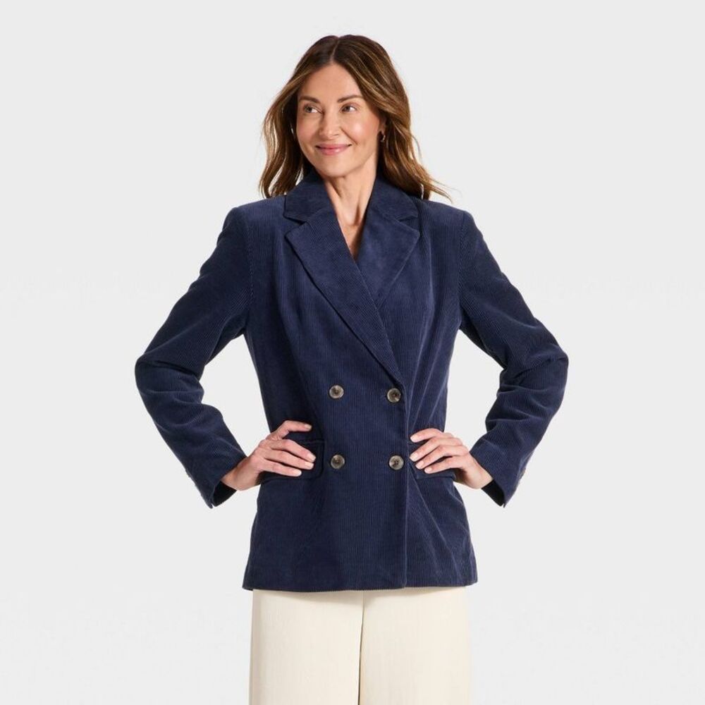 Women's Collared Corduroy Blazer - A New Day Navy Blue M